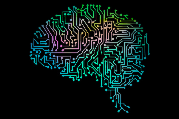 Multicolor glowing pattern in the shape of a human brain.